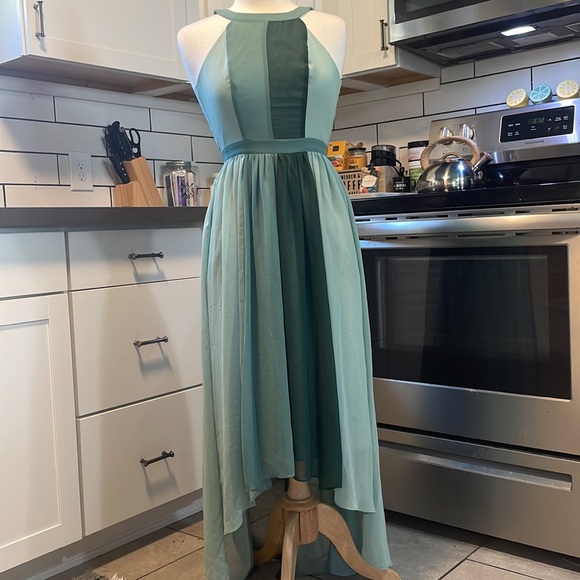 ModCloth xxs sheer overlay hi-low green color block halter gown w/ pockets EUC - Picture 2 of 13